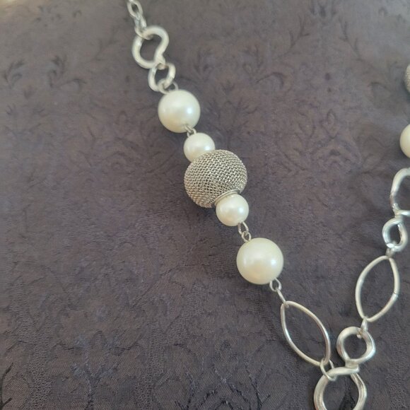 Long Silver & Faux Pearl Chain Necklace With Tassel & Rhinestone Accents - Picture 3 of 4